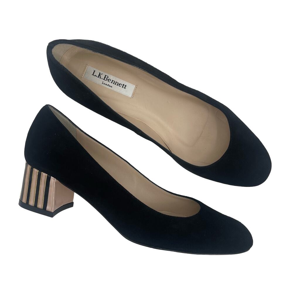 L. K. BENNETT Maisy Heels Size 39 Suede Black Statement Heel Stripes Leather